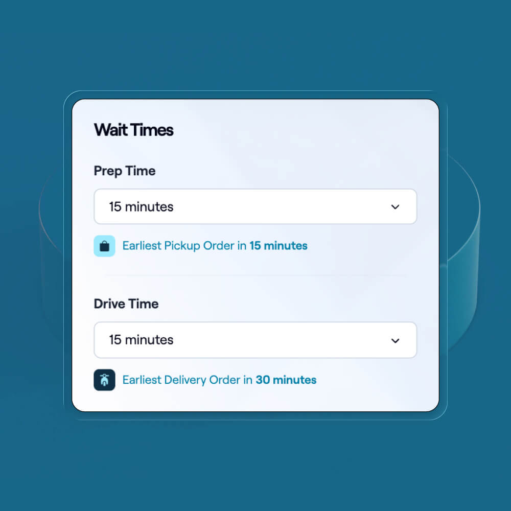 Controls for setting pickup preparation and delivery drive times.
