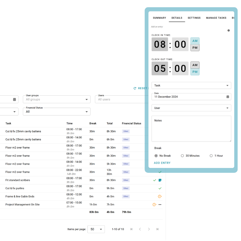Timesheet interface showing tasks with clock-in and clock-out times, breaks, total hours, and financial status, plus a detail entry panel for time, task, date, user, notes, and break options.