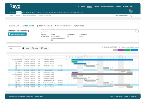 Enterprise scheduling Gantt chart from Rave software showing project tasks, dependencies, and timelines with task statuses in purple, green, and blue.