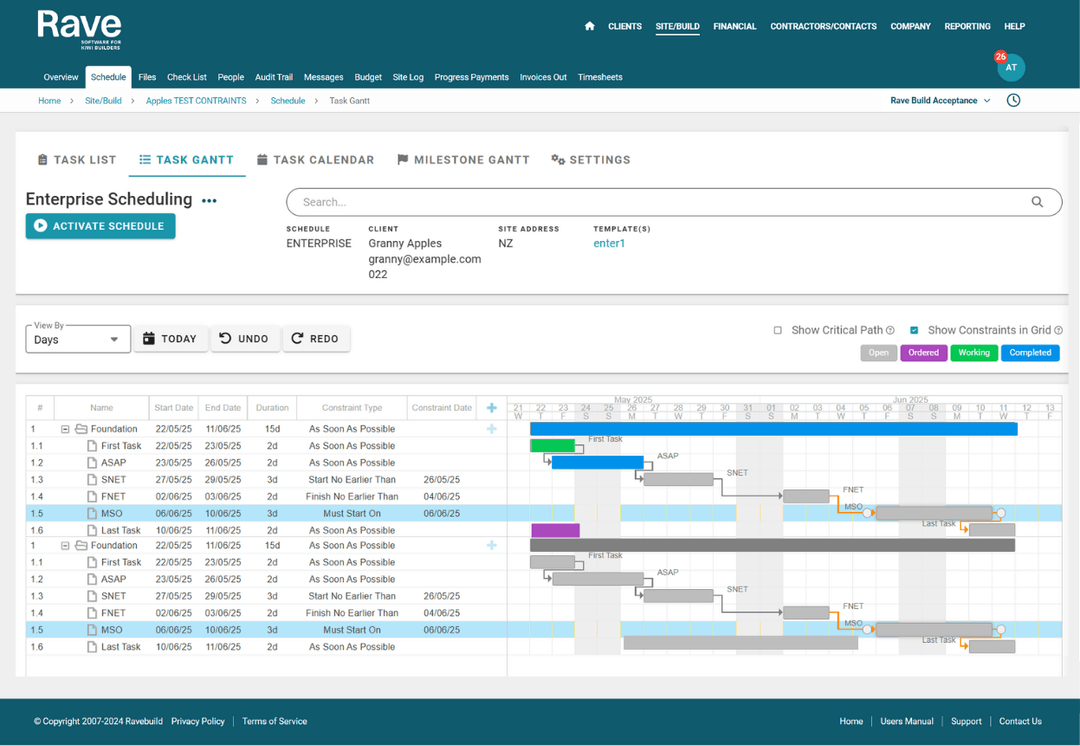 Rave Build Enterprise Scheduling Gantt Chart View