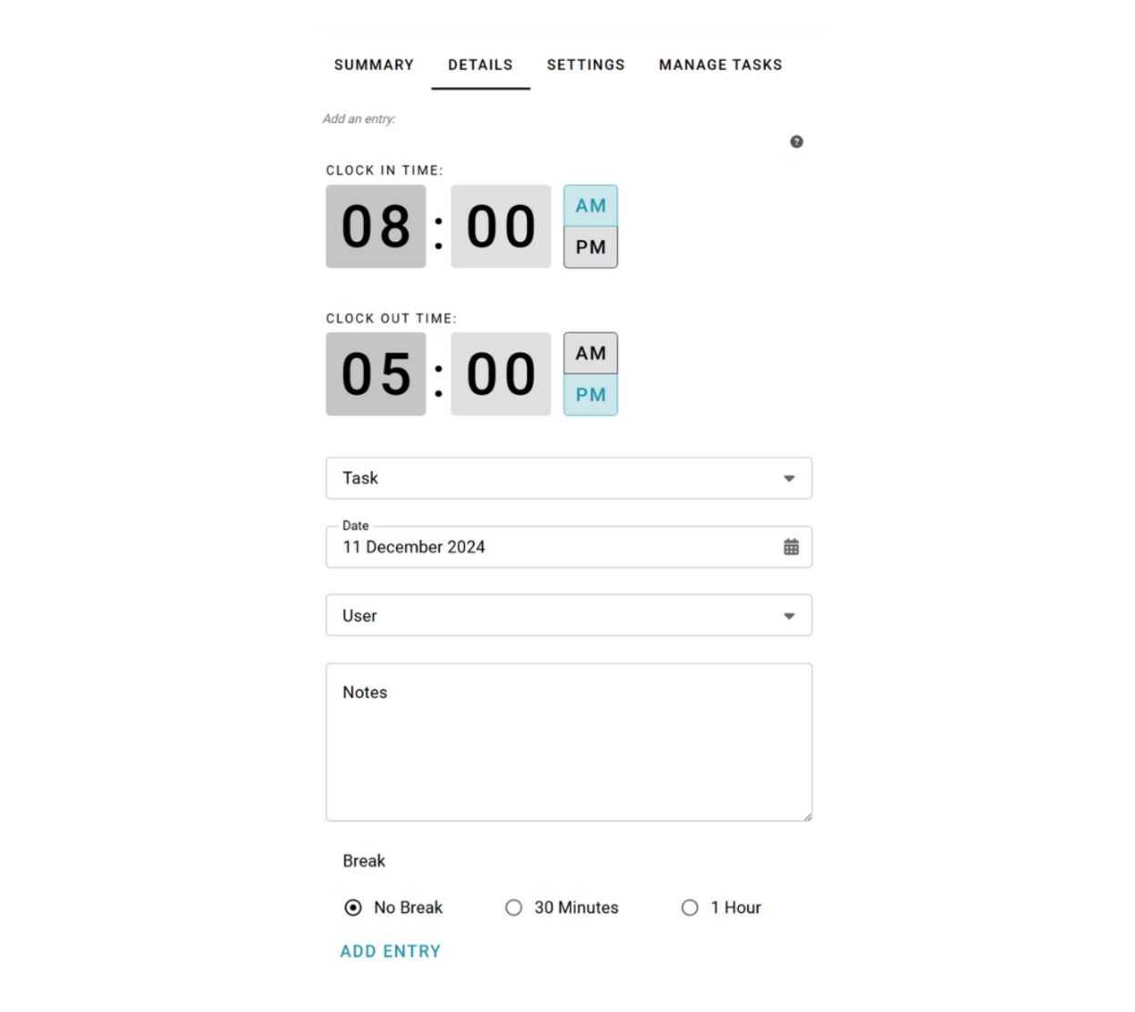 Timesheet entry form with clock in at 08:00 AM and clock out at 05:00 PM, task and user drop-down menus, date set to 11 December 2024, notes box, break options, and add entry button.