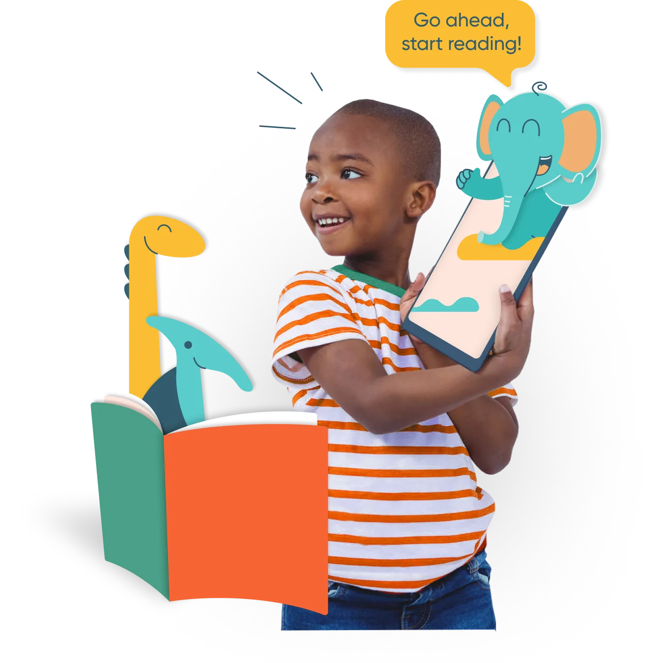 A boy reading with a tablet and a book, and Ello jumping out of the tablet to help the boy with his reading