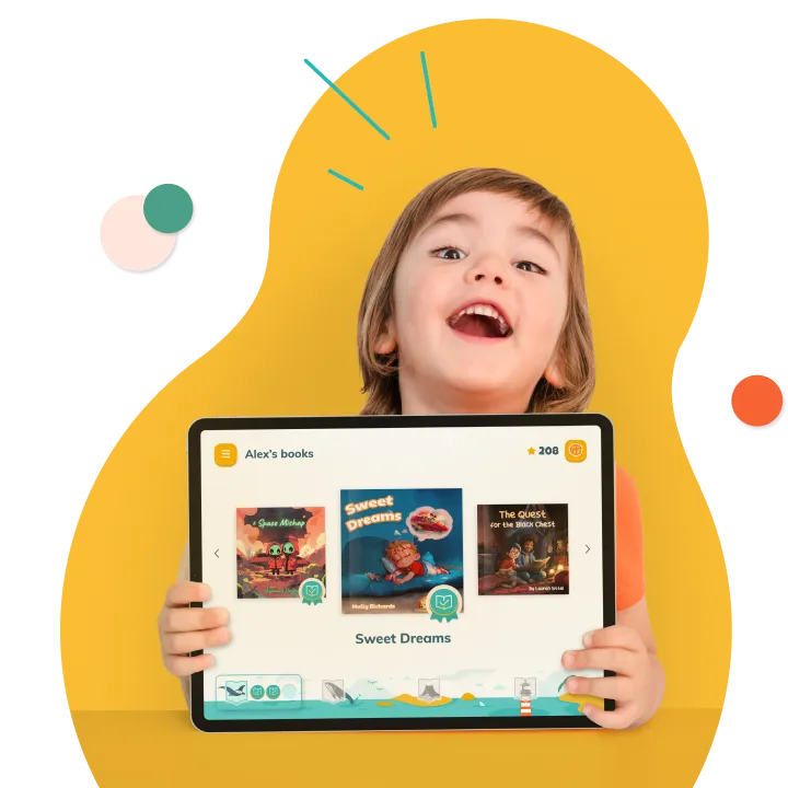 Smiling child holding a tablet displaying a bookshelf of digital storybooks.