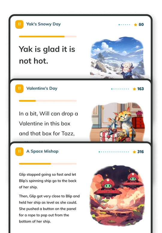 Preview cards of three children’s stories with titles, short text, and illustrations.