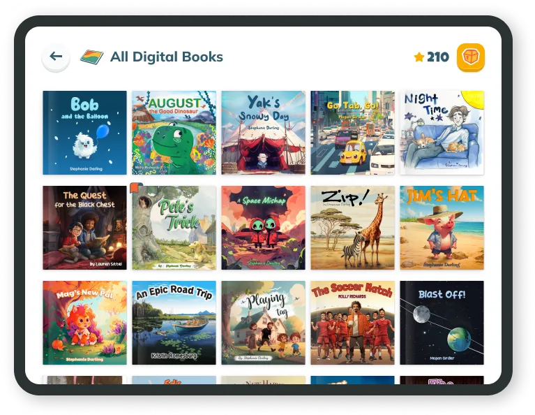 Tablet screen showing a grid of children’s digital book covers under the heading ‘All Digital Books’.