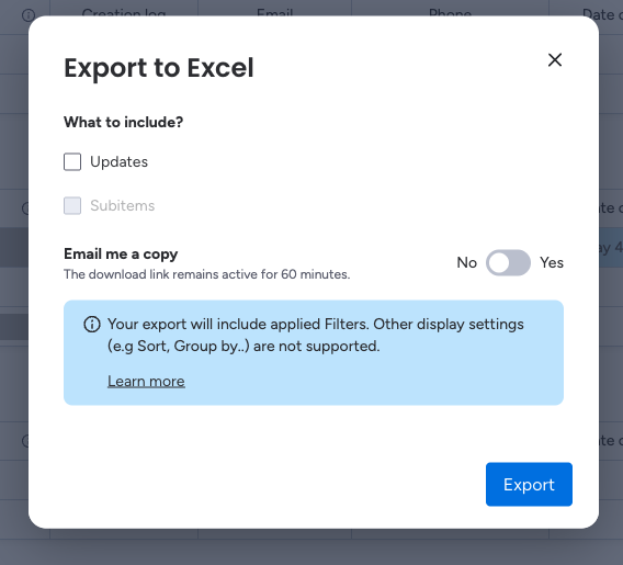 Export Menu Options