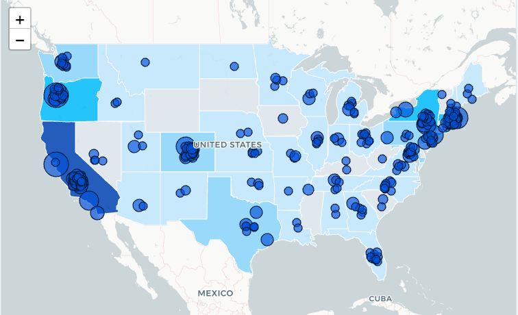 Map of CliniContact Bridge partner communities across the United States, shaded by number of partner organizations per state