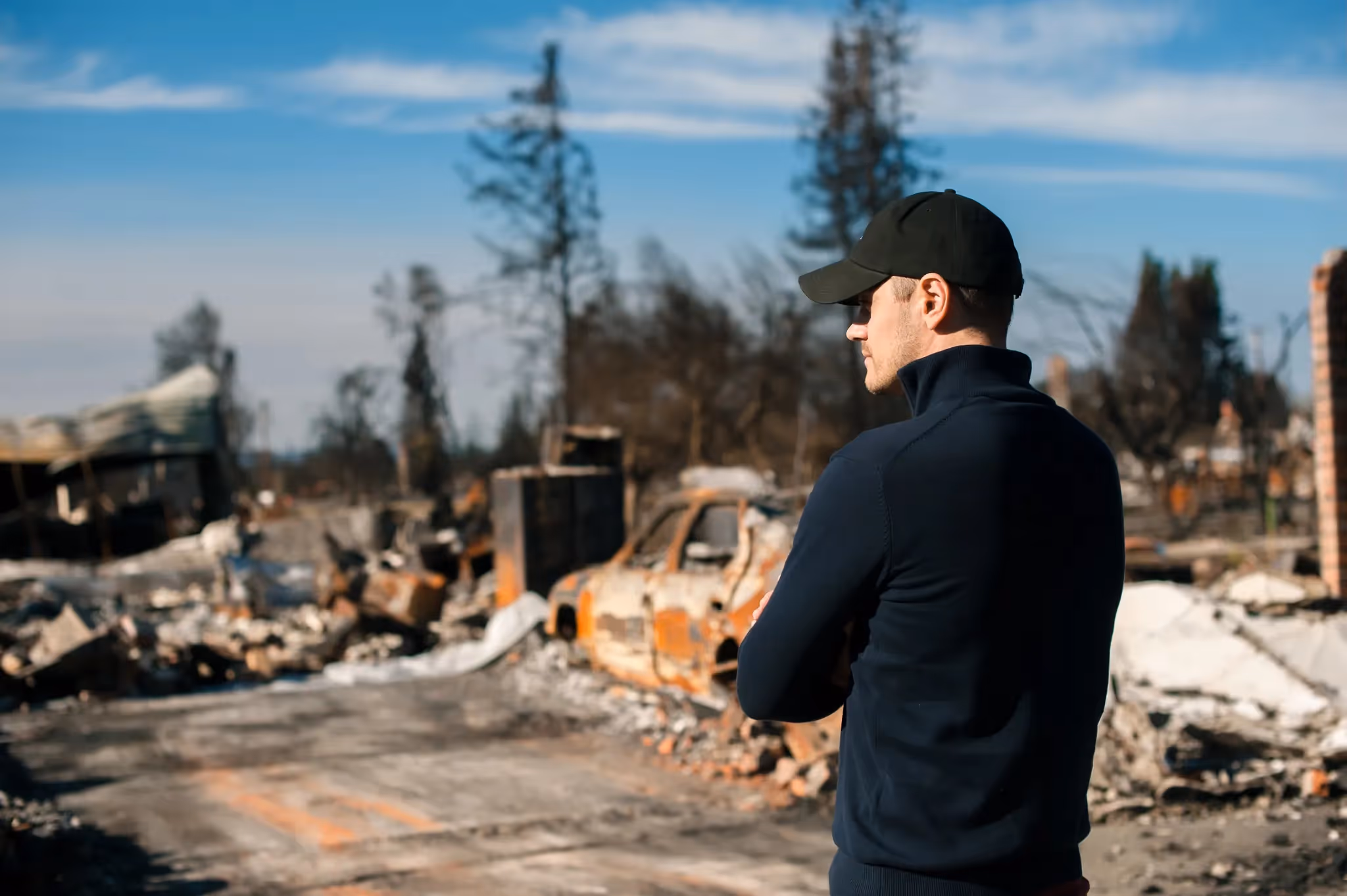 Man in black looking at his burned home after a California wildfire