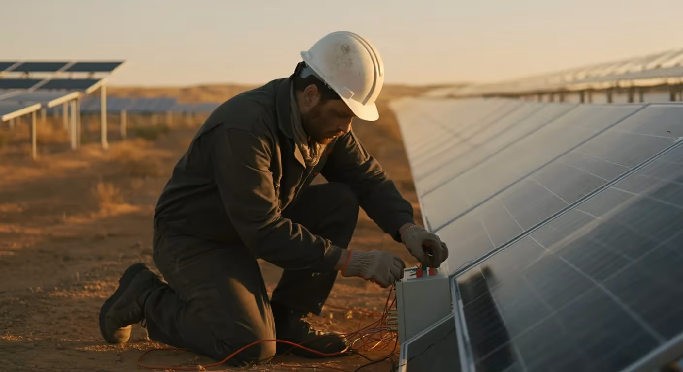 Construction worker in a hard hat working on electrical systems at a solar plant