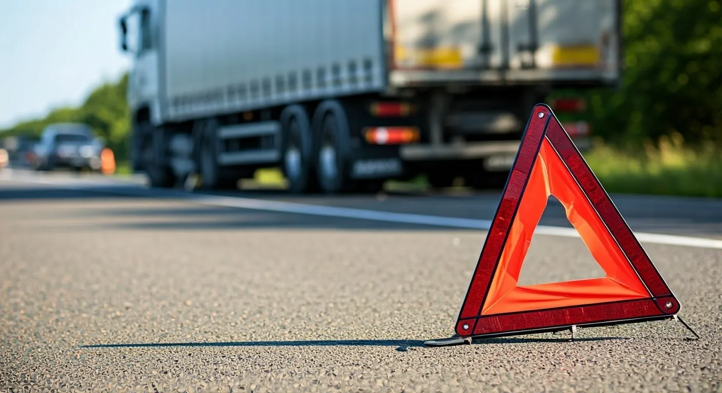 Red warning triangle on the road with a truck in the background