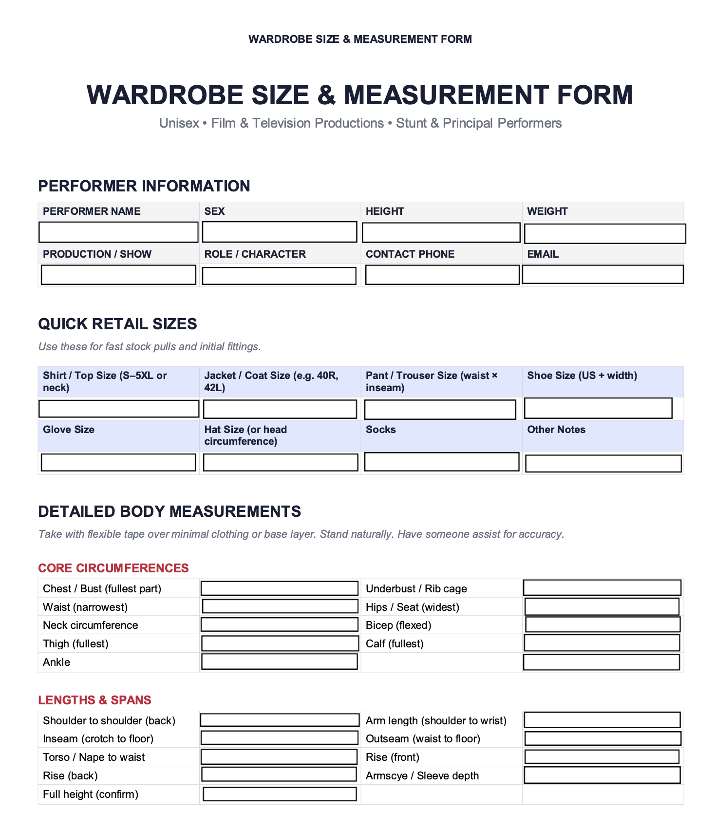 Unisex Wardrobe Size Sheet
