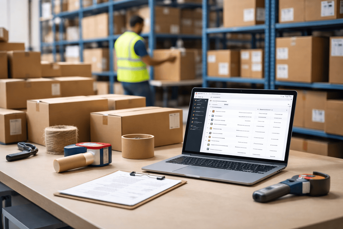 Ecommerce fulfilment workstation with order management dashboard and warehouse packing area