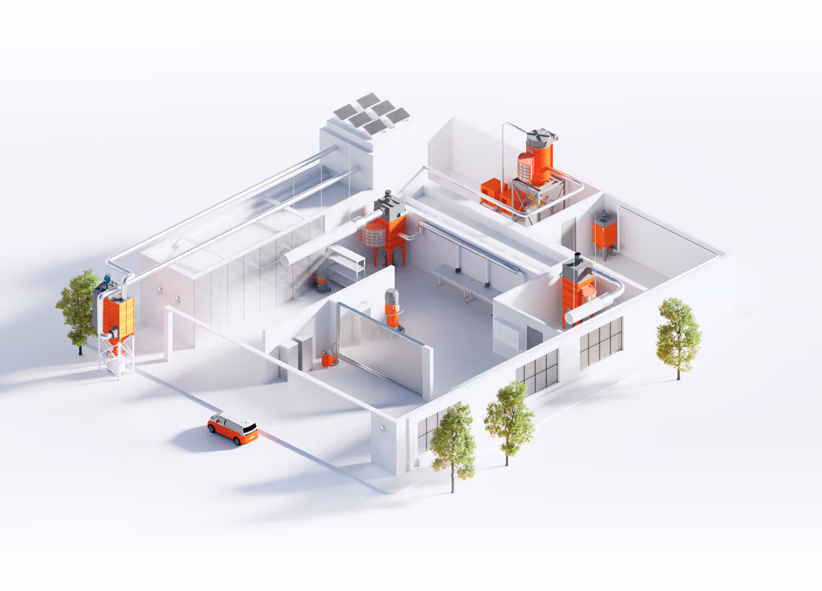 Model van een fabriekshal met verschillende oranje machines, pijpleidingen, een klein oranje-wit voertuig buiten en bomen rondom het gebouw.