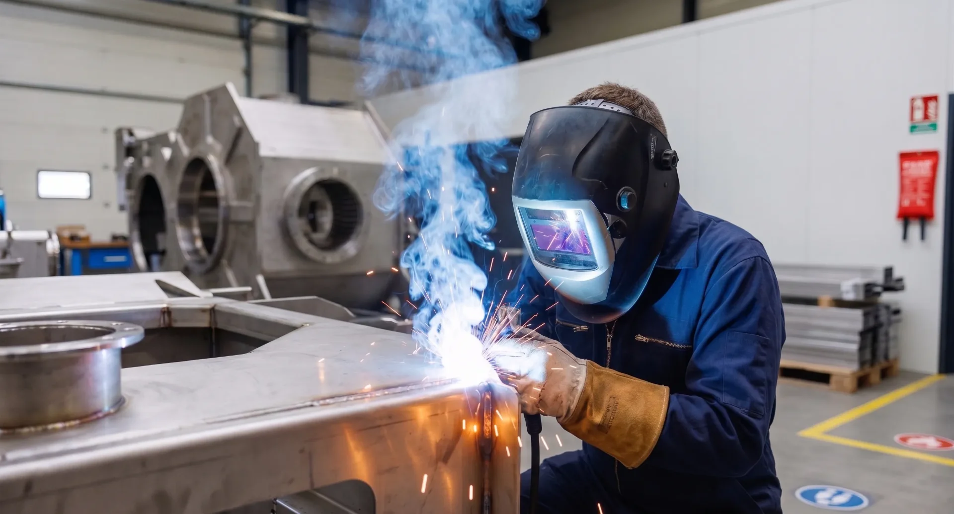 Lasser aan het werk met zichtbare lasrook in industriële omgeving