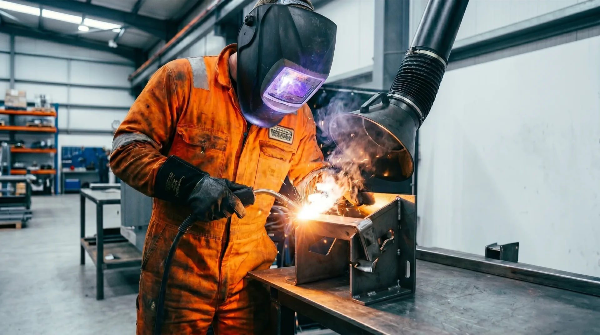 Industrial welding workplace with welding fume extraction and personal protective equipment