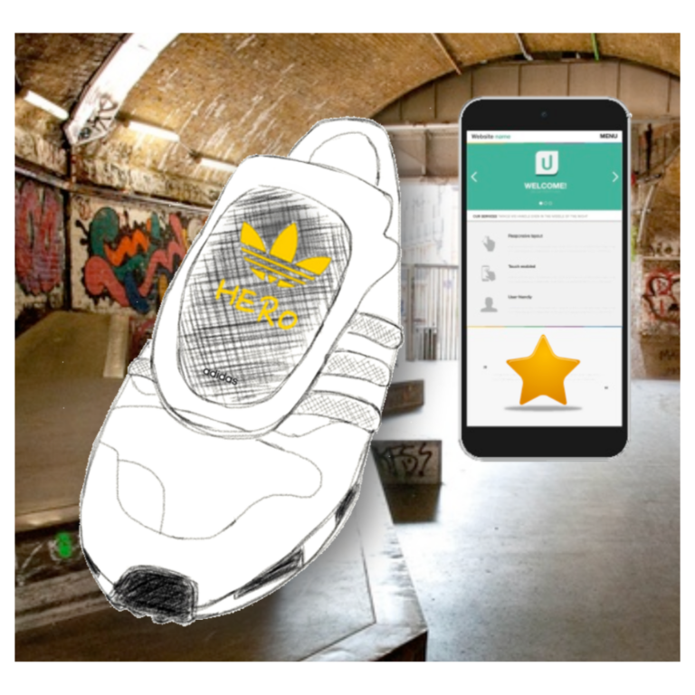 Sketch of the adidas Originals shoe with display next to the companion app