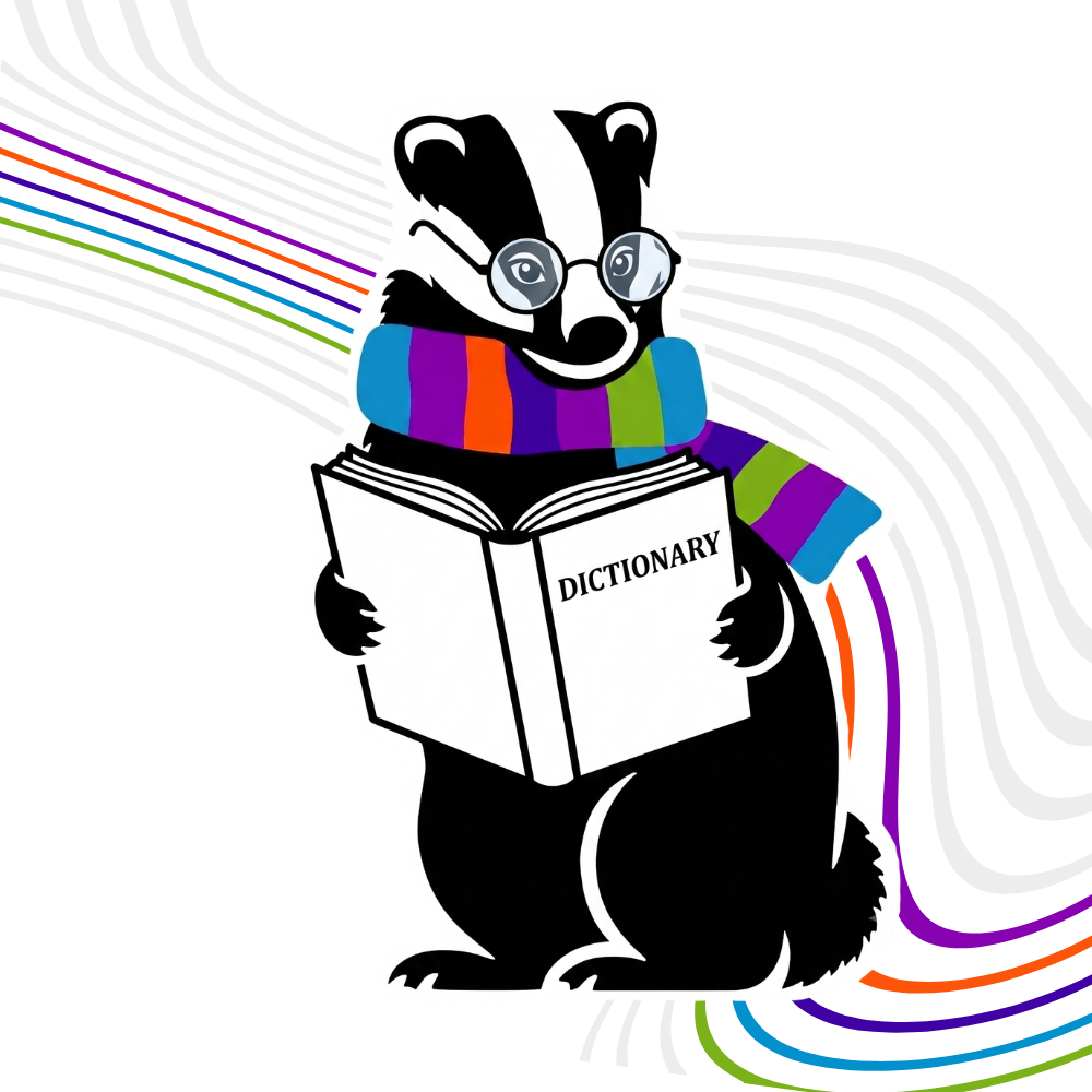 Illustrated badger in a striped scarf reading a dictionary