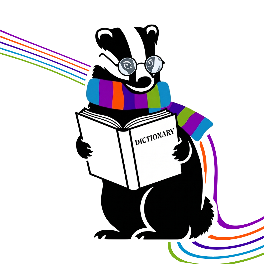 Illustrated badger in a striped scarf reading a dictionary