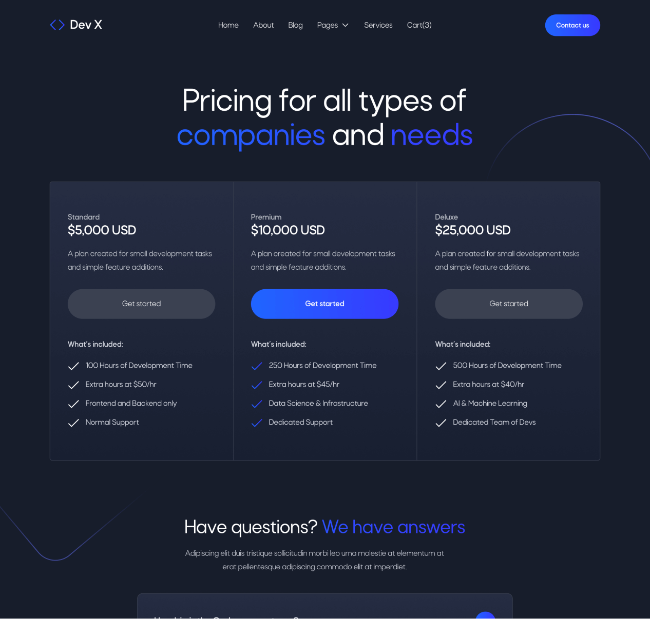Dev X - Pricing page - Development & IT Agency Webflow Template