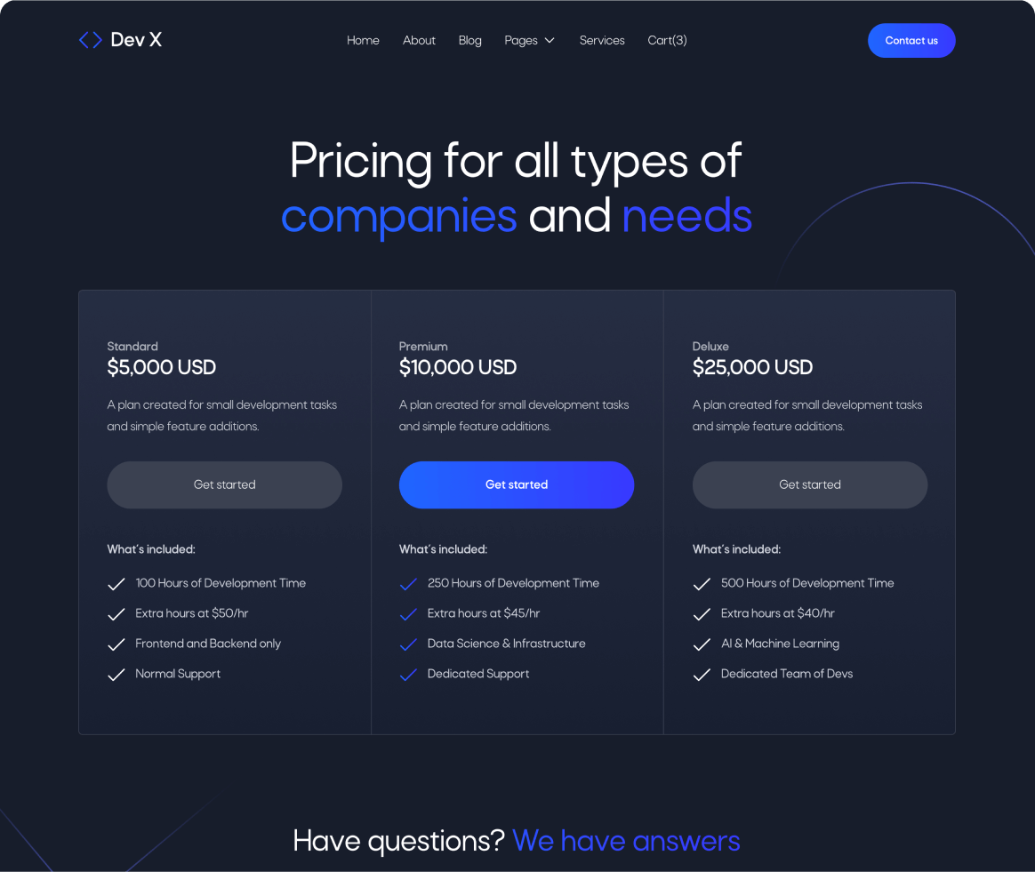 Dev X - Pricing page - Development & IT Agency Webflow Template