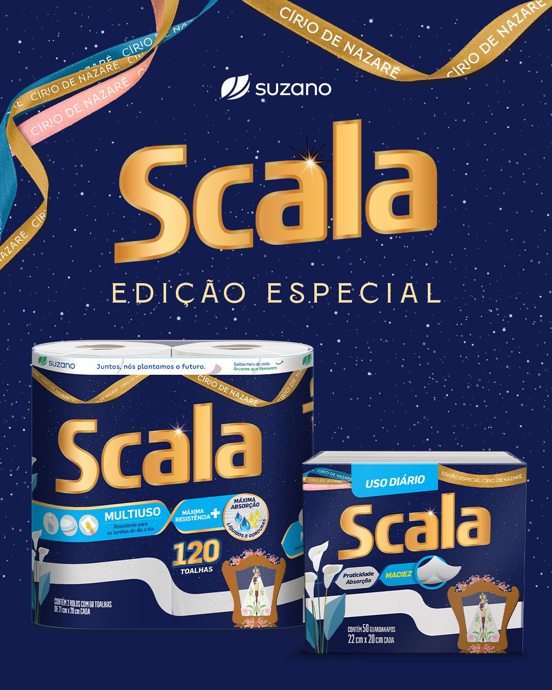 Imagem da embalagem do papel toalha Scala, da Suzano, que homenageia o Círio de Nazaré