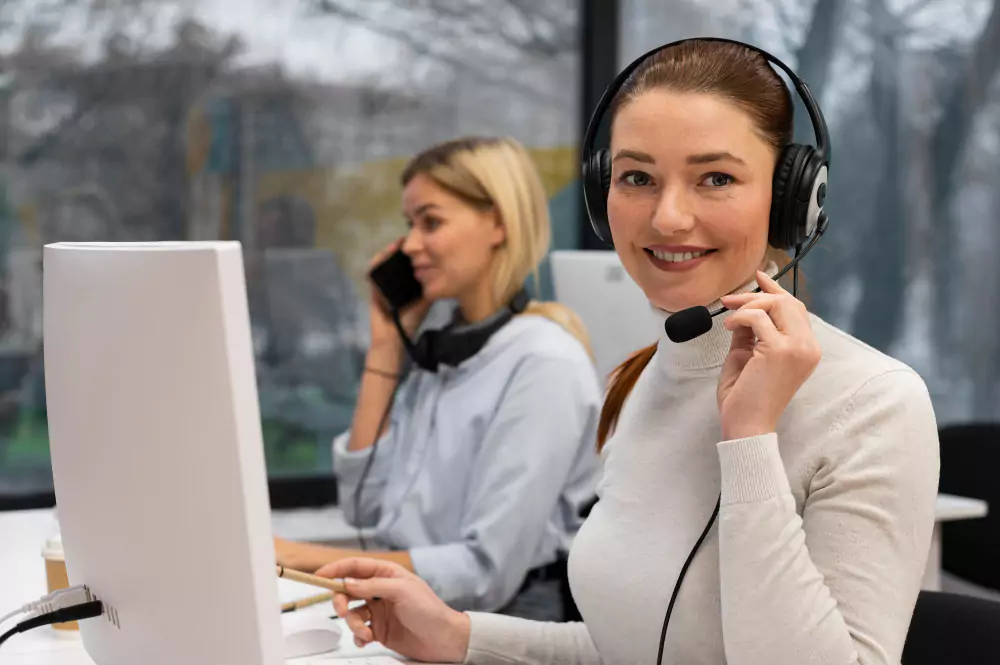 Woman working in a customer support talking with clients using headphones and microphone
