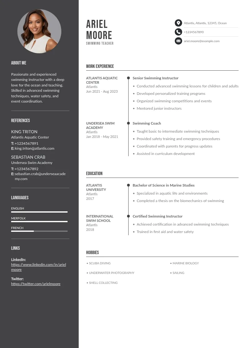 Swimming teacher resume downloadable