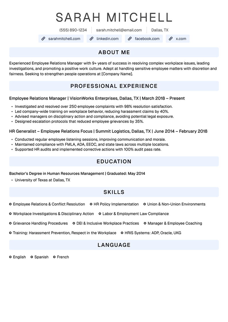 Employee Relations Manager Resume Example