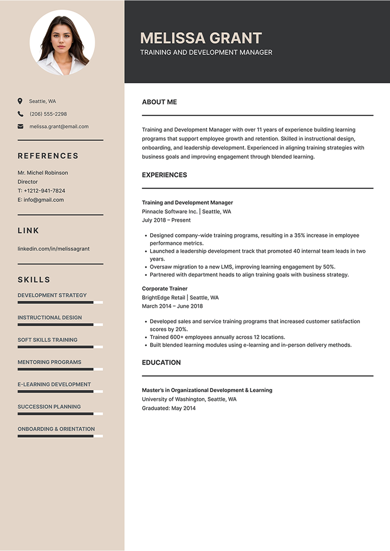 Training and Development Manager Resume Example