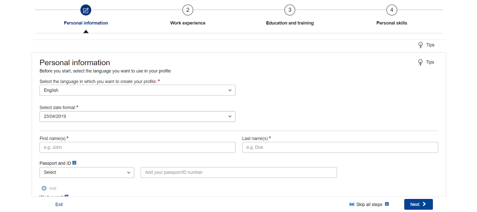 Personal Information on the official Europass site