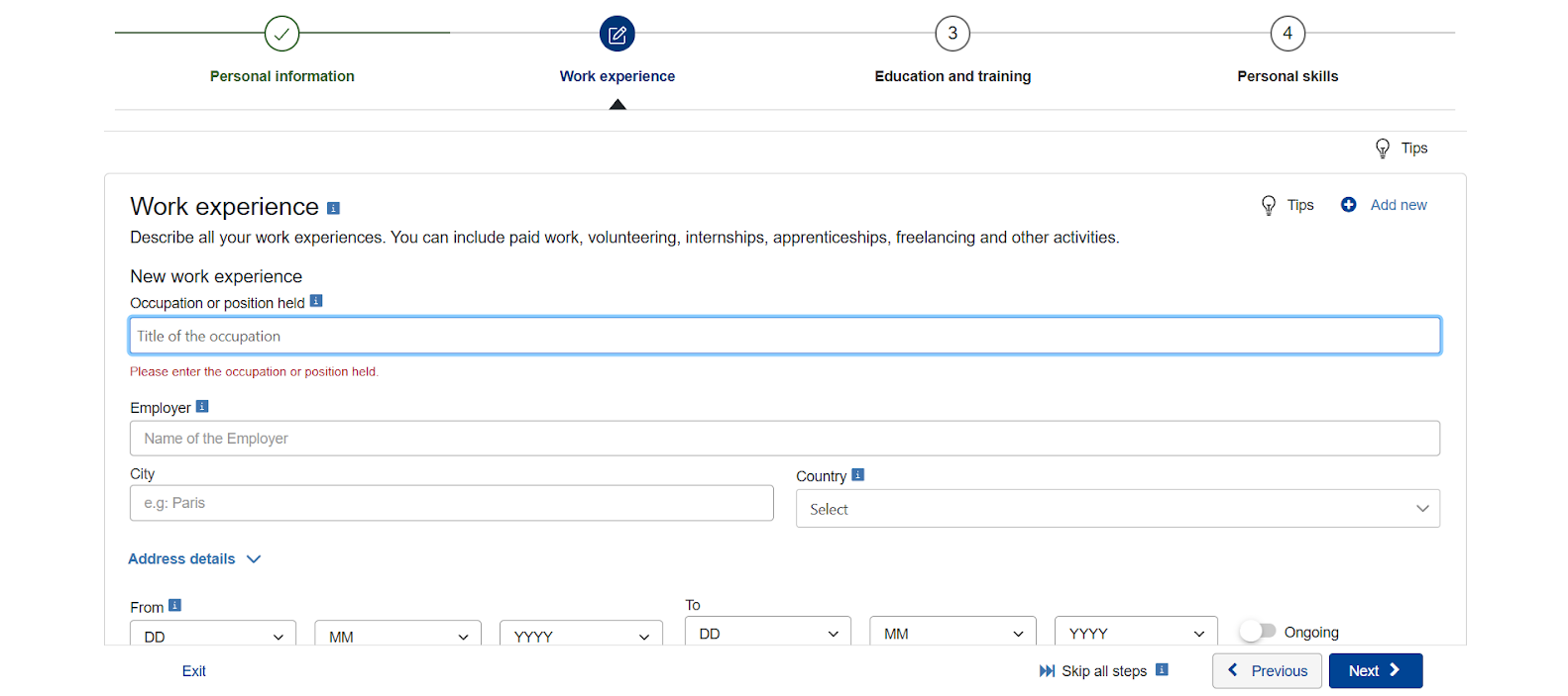 Work experience section on the official Europass site