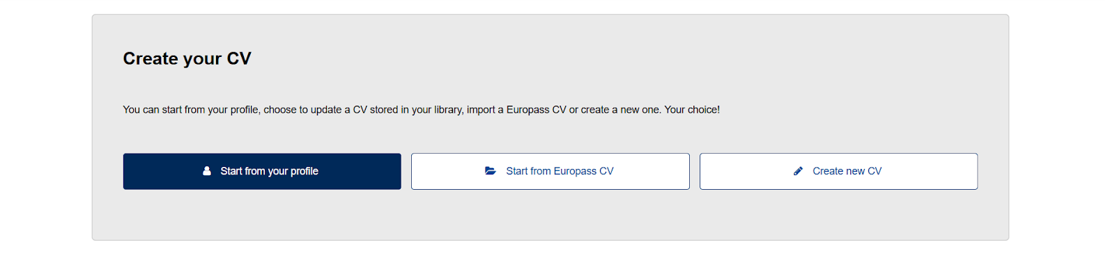 Create your CV section on the official Europass site