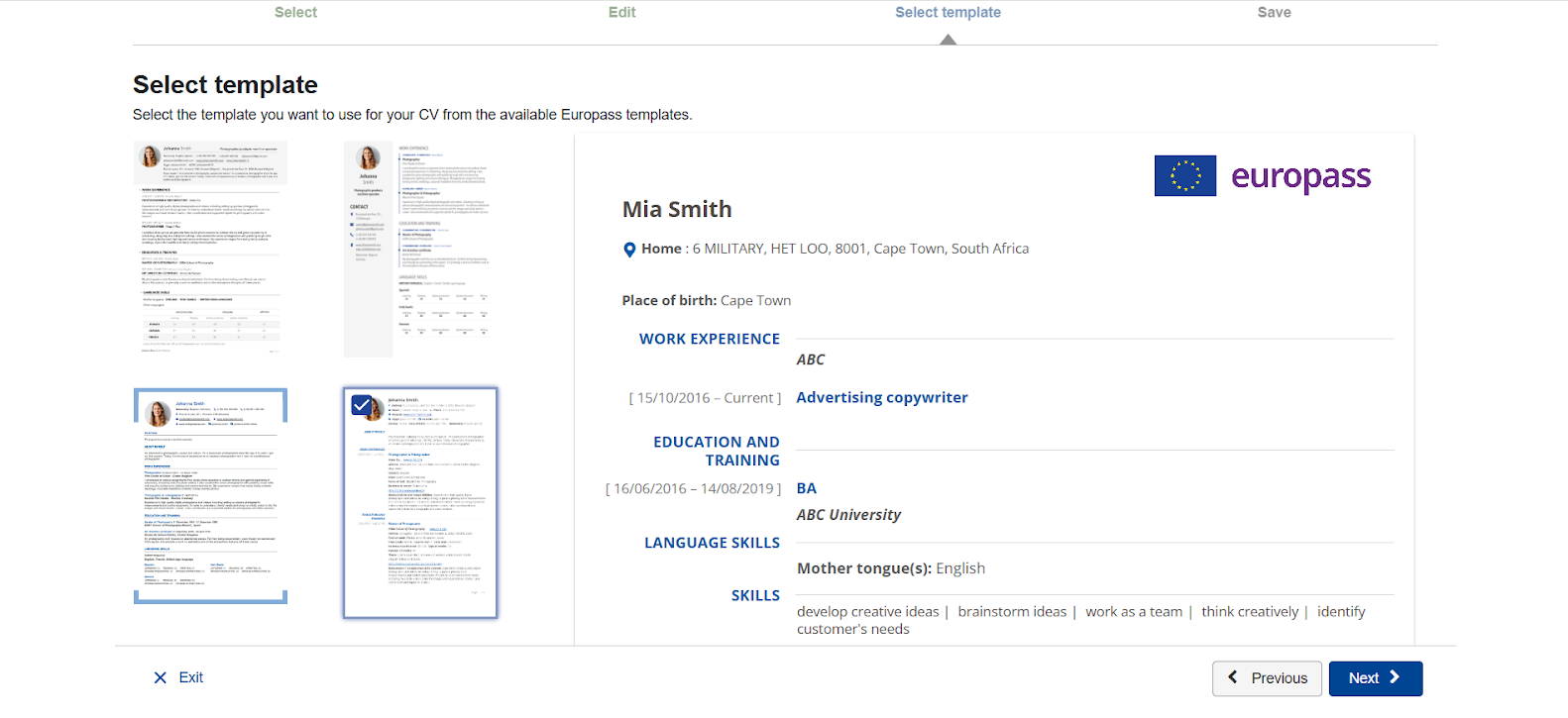 Select your template section on the official Europass site