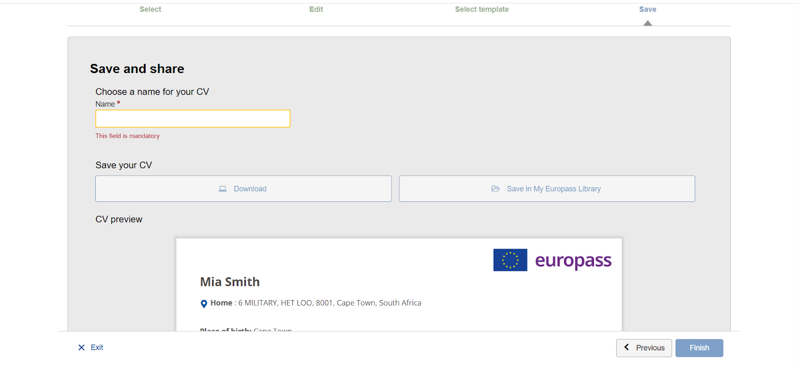 Save and share section on the official Europass site