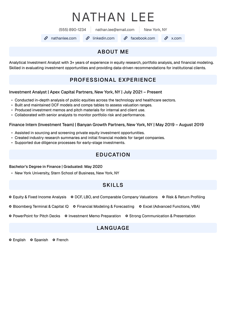 Investment Analyst Resume Example