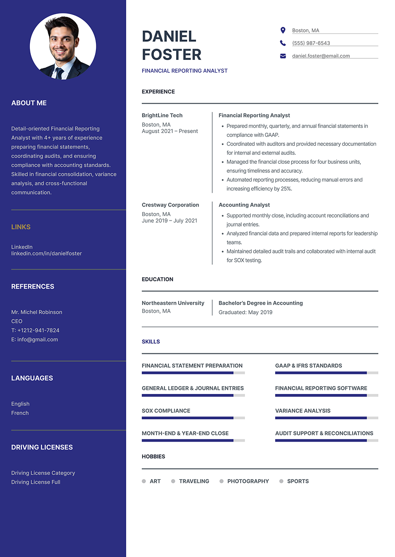 Financial Reporting Analyst Resume Example
