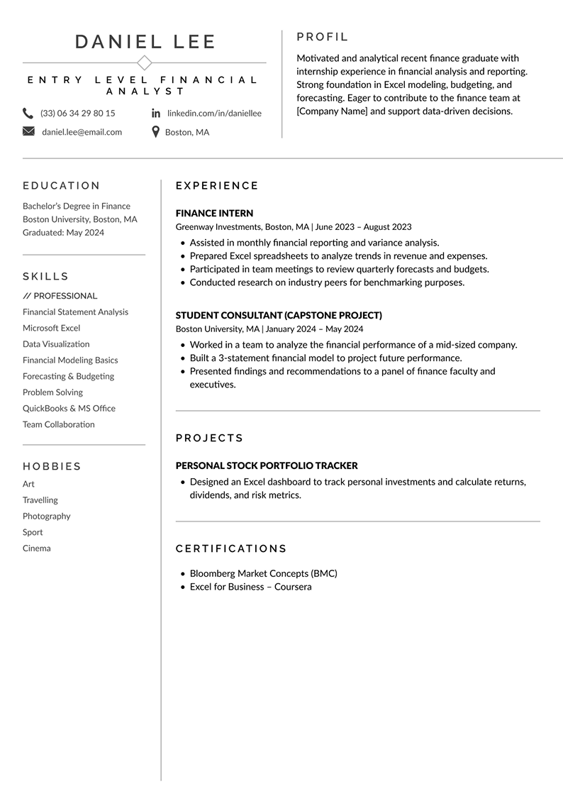 Entry-Level Financial Analyst Resume Example