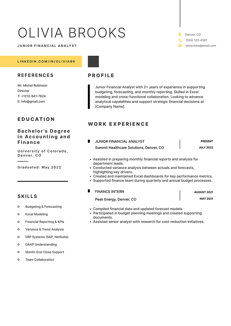 Junior Financial Analyst Resume Example