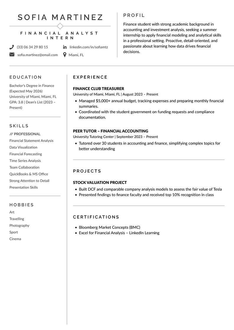Financial Analyst Intern Resume Example