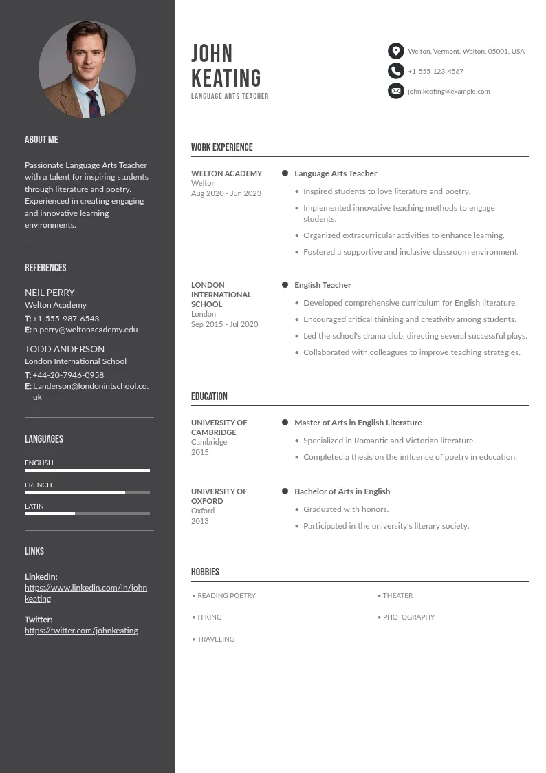 Language Arts Teacher Resume downloadable