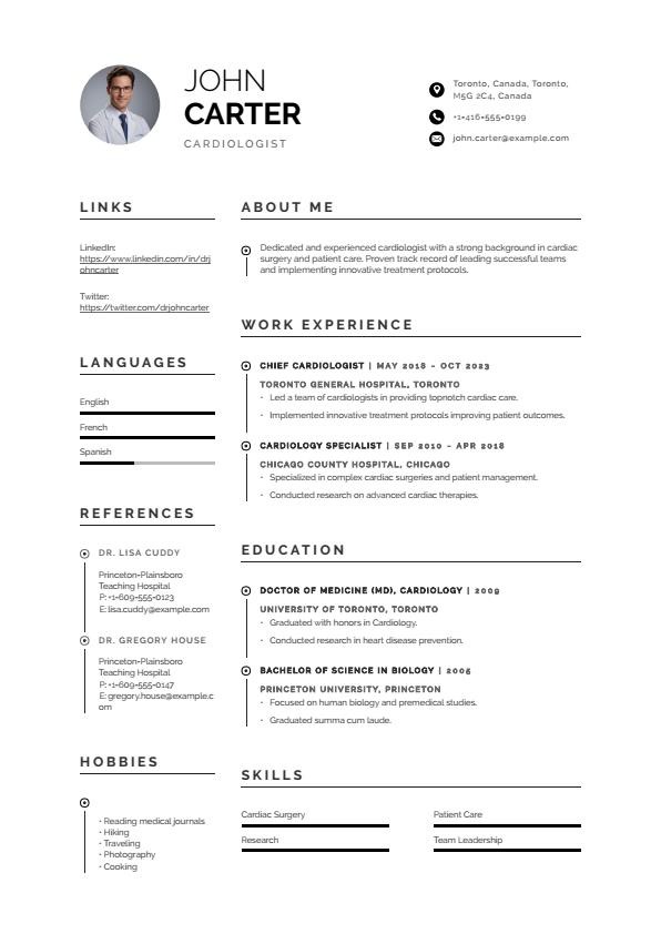 Cardiologist Canadian Resume Example