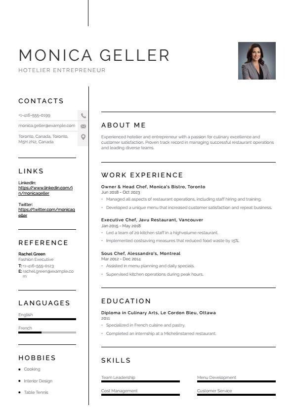 Hotelier Entrepreneur Resume Example - Canadian Format