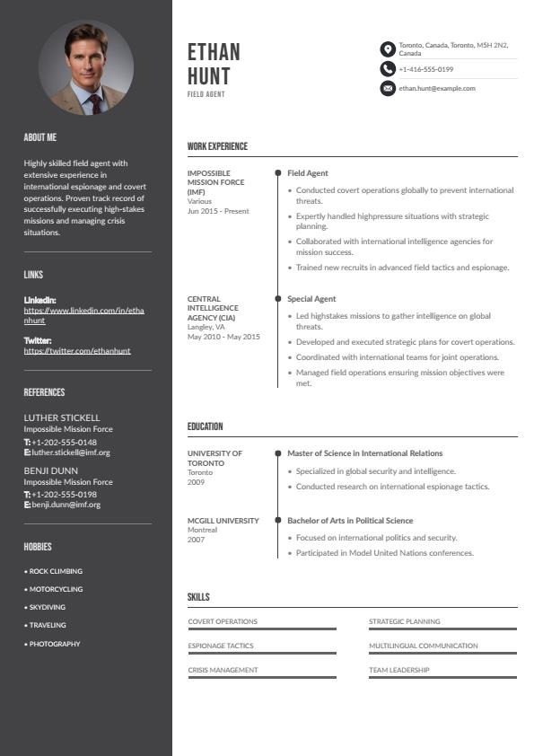 Field Agent Resume Example - Canadian Format