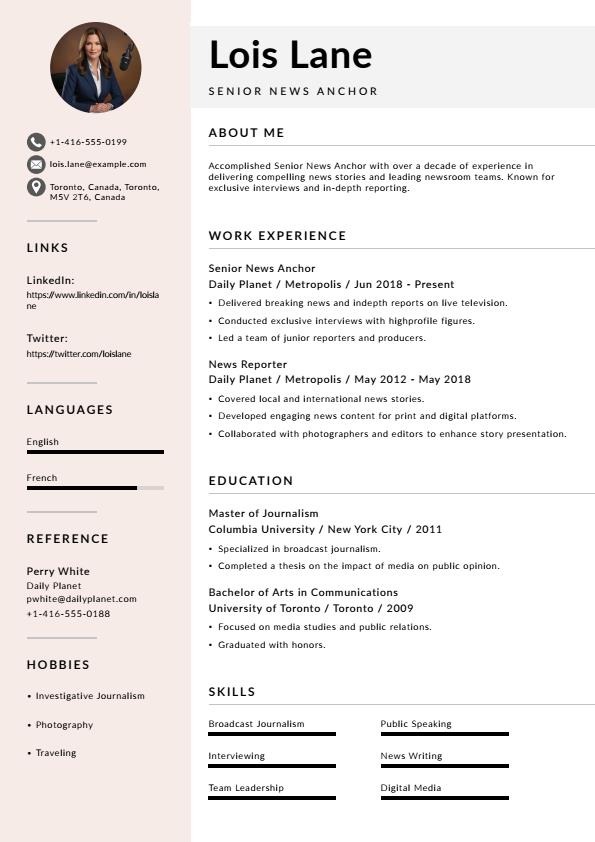 Senior News Anchor Resume Example
