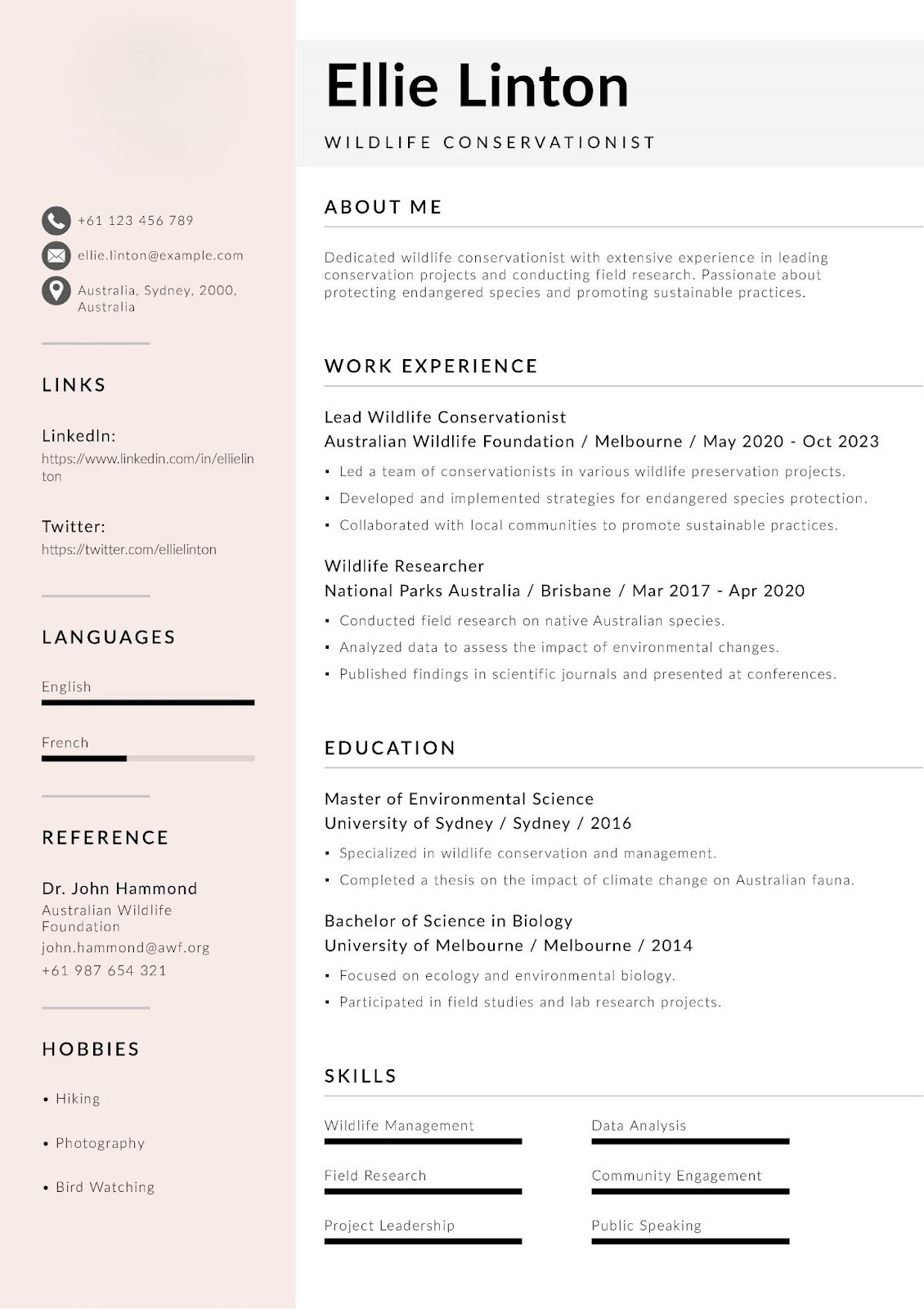 Australian Wildlife Conservationist Resume Example