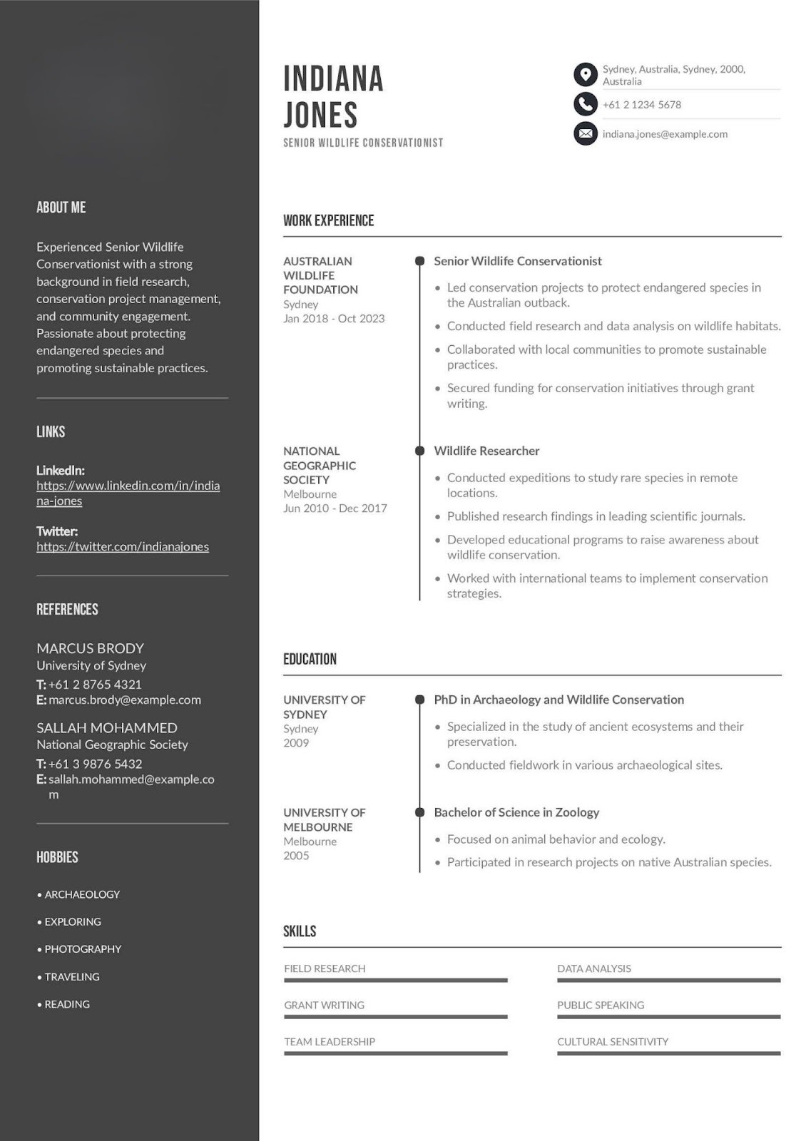 Senior Wildlife Conservationist Resume Example