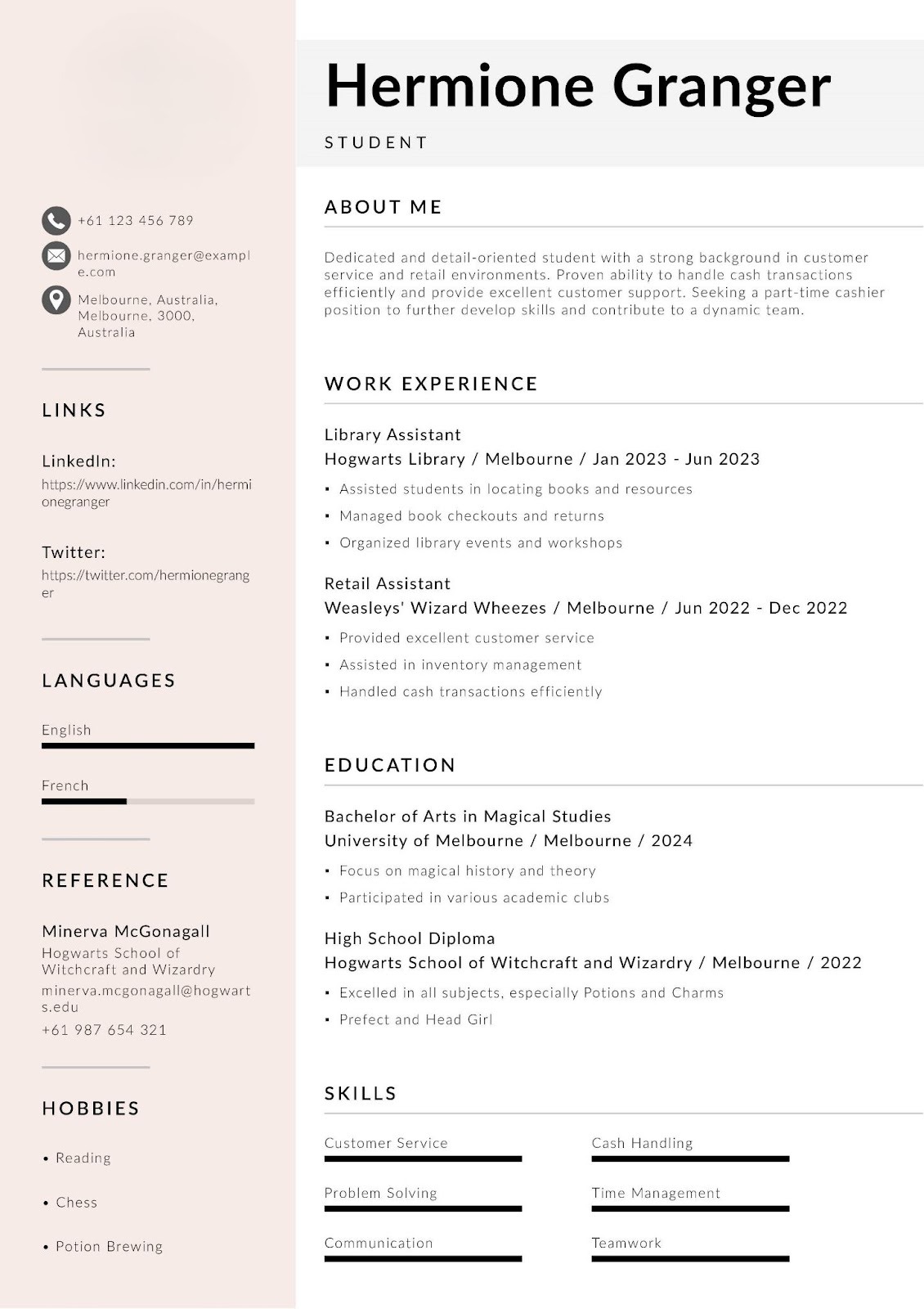 Student Resume for a Part-time Cashier Job