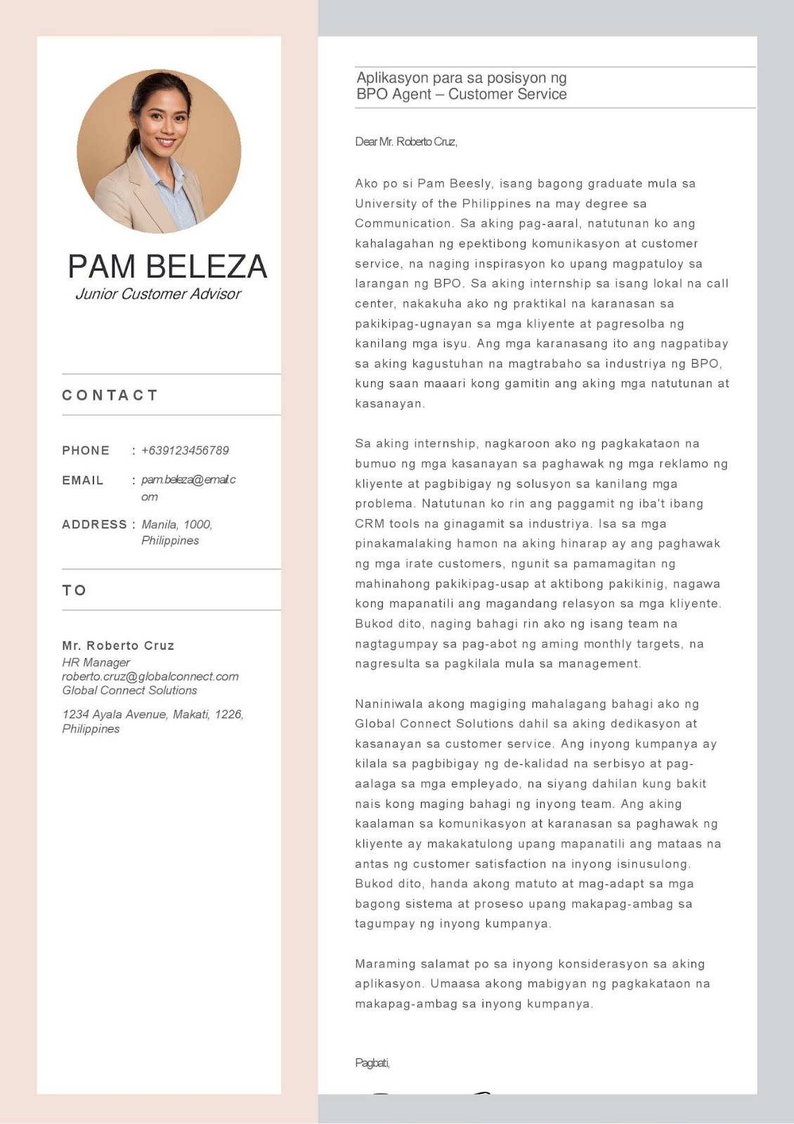 Entry-Level BPO Customer Service Cover Letter (Fresh Graduate - Filipino Format)