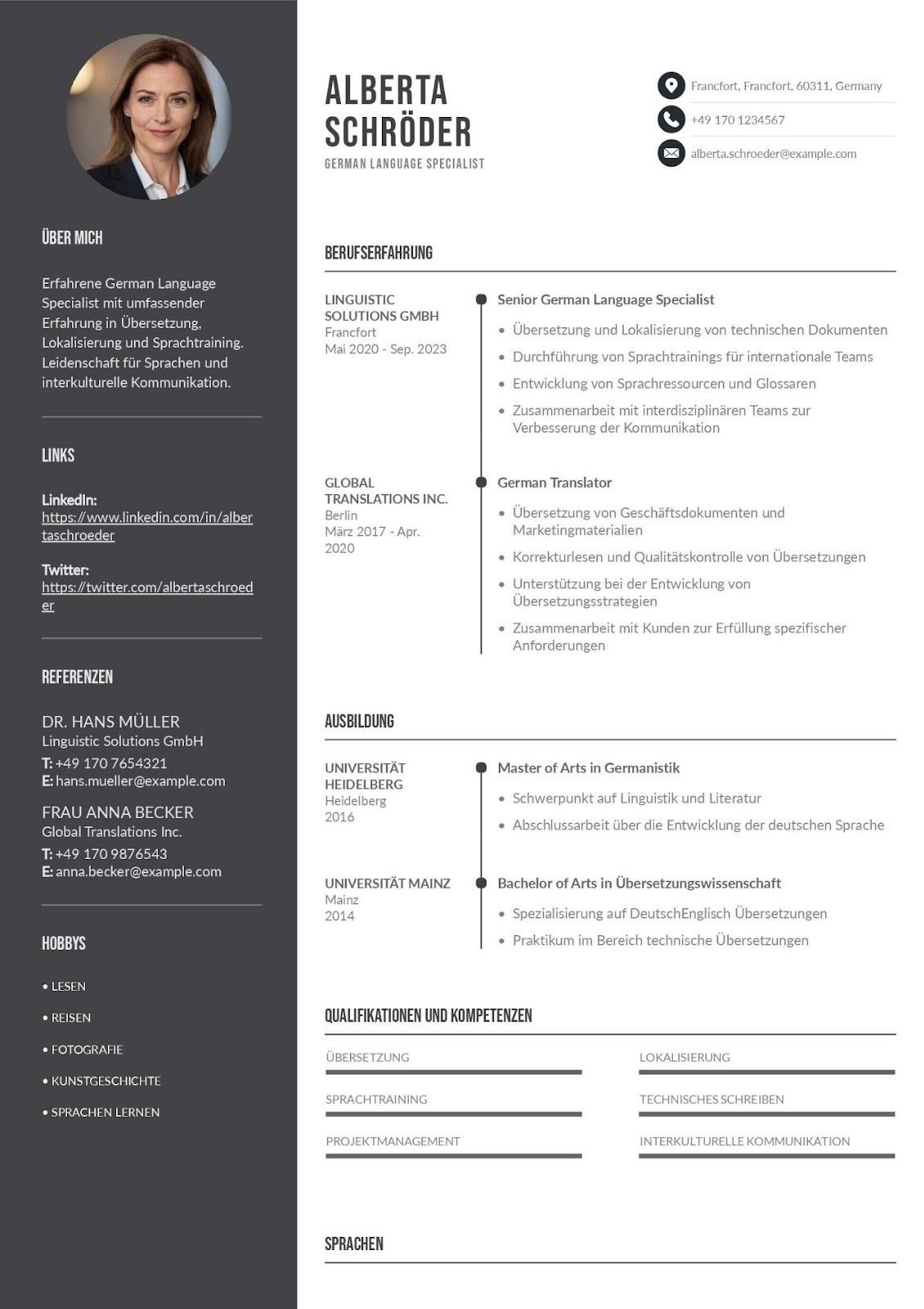 German Language Specialist Resume Example (German Format)