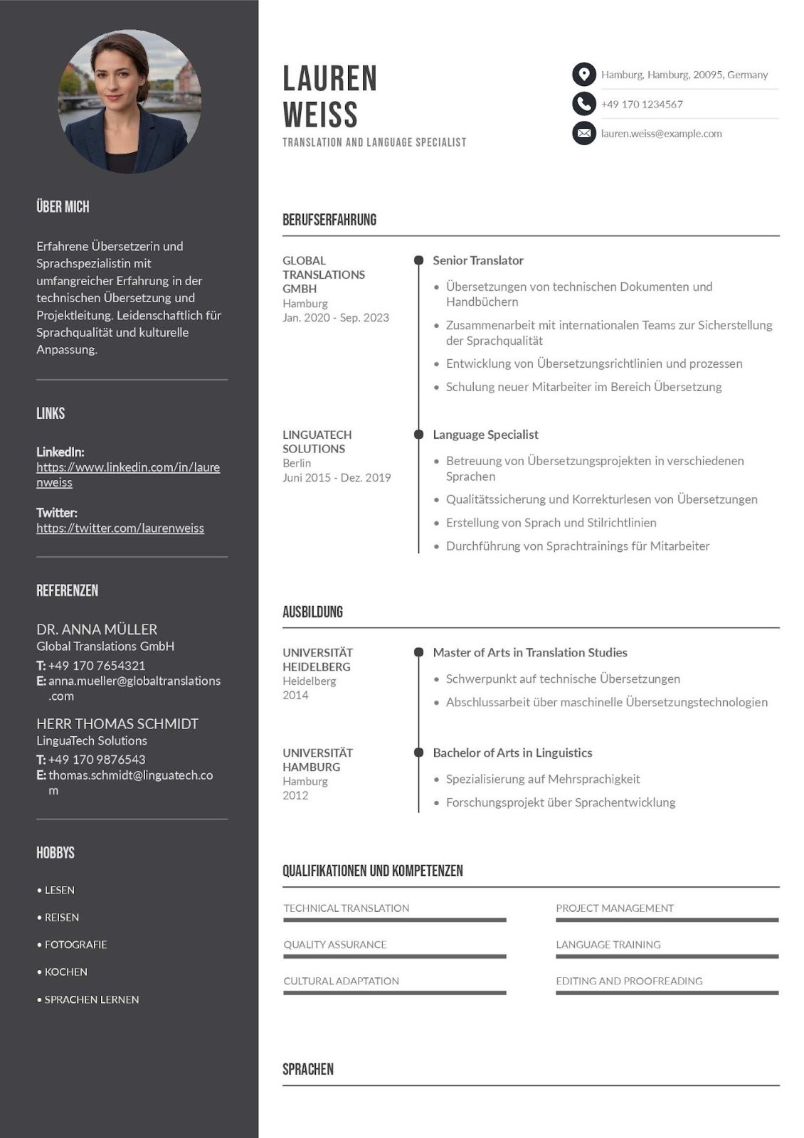 Translation and Language Specialist Resume - German Example
